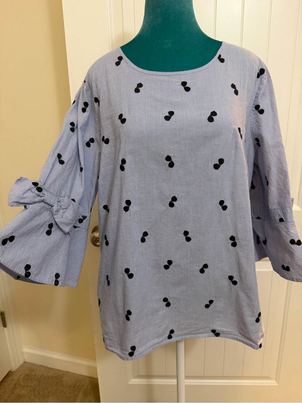 Karl Lagerfeld Sunglasses Blue Bow Sleeve Women’s Top